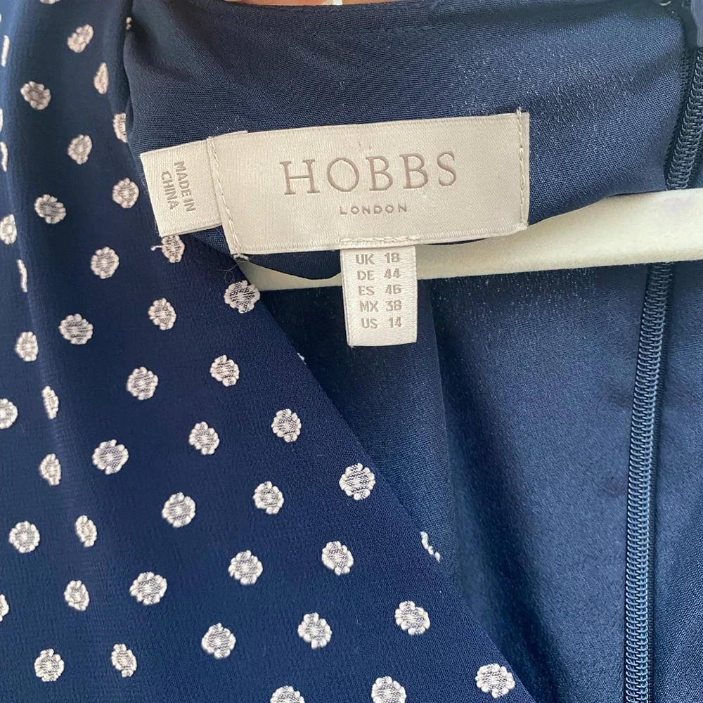 Hobbs London Spot Celia Fit & Flare Navy Polka Dot Midi Dress - size 14